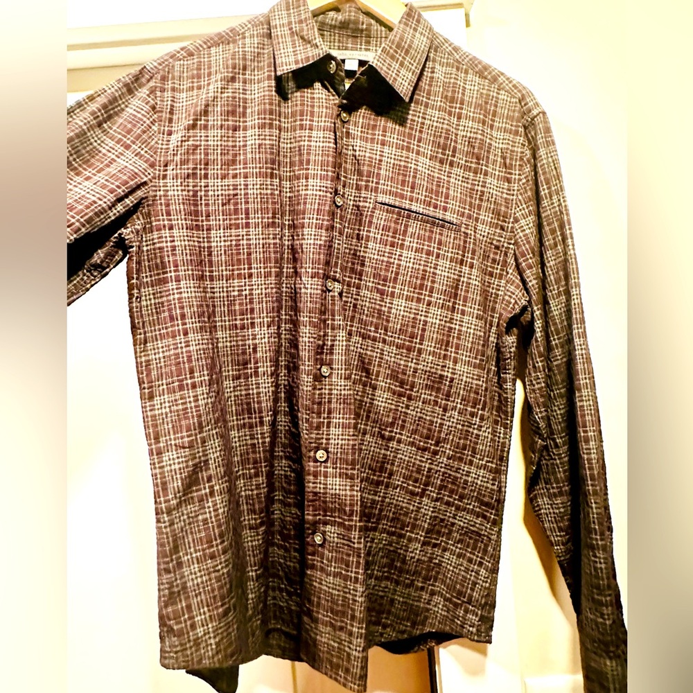 John Varvatos brown texturized plaid button down.